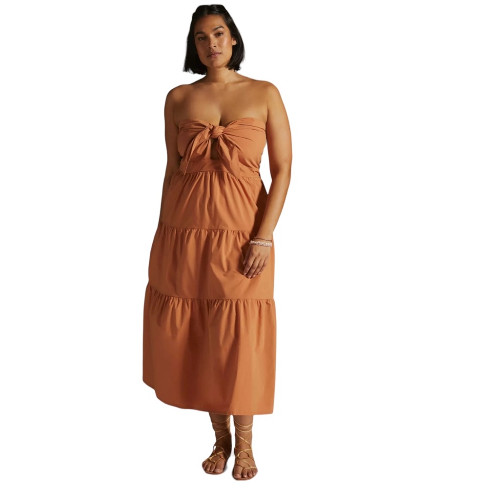 New Anthropologie Blue Tassel Strapless Tie-Front Midi Dress Size Petite X Large